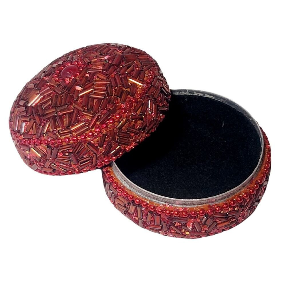 Vintage Round Domed Red Beaded Velvet Lined Trinket Jewelry Box Valentines